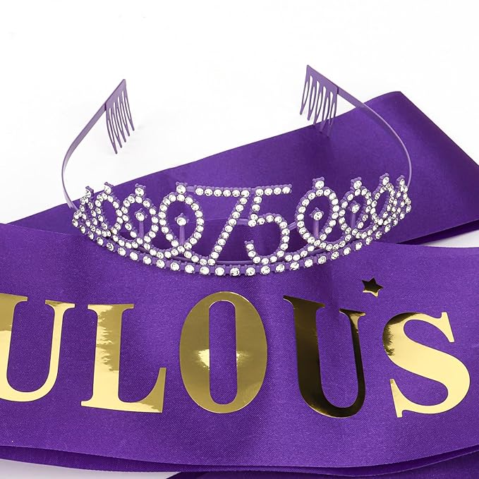 Casoty Purple 75th Birthday Sash and Tiara, 75th Birthday Decorations for Women, 75 and Fabulous Sash and Crown Set, Party Supplies Favors for Women, Gifts for Her