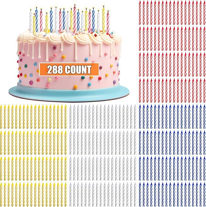 MTLEE 288 Pcs Birthday Candles Bulk Spiral Cake Candles for Celebrating Birthday Cake Decorations for Holiday Party Supplies (4 Color)