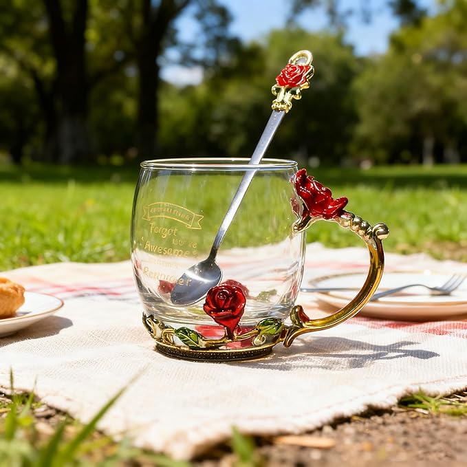 Christmas Gifts for Women Mom Flower Decor Glass Tea Cup Thoughtful Gift for Her from Daughter Son, Ideal Friendship Gift for Female Coworker (Awesome)