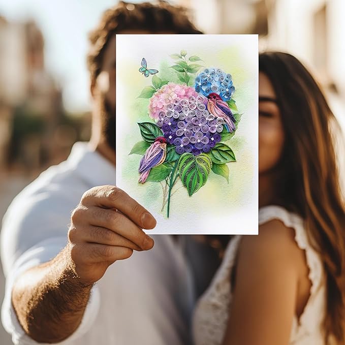 Hydrangea and Birds Romantic Quilling Card for Birthday, Anniversary, Sympathy, Thinking of you, Watercolor Classy Cards for Mom, Women, Wife, Daughter