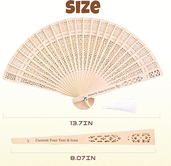 200 Pcs Personalized Sandalwood Wood Handheld Folding Fans with Organza Bags Wedding Fans Custom Name Text Icon Gift for Wedding Graduation Party Guests Baby Shower (200)