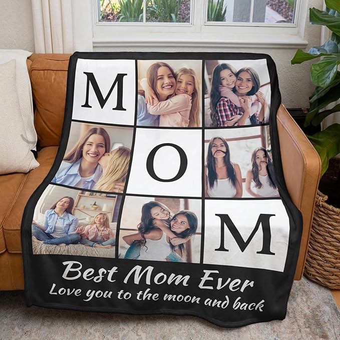 Custom Mom Blanket with 6 Photos Personalized Blanket with Pictures Customized Throw Gifts for Mom Grandma Photo Throw Blanket for Birthday Mother's Day