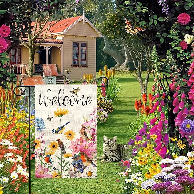 Baccessor Spring Garden Flag Floral Bird Butterfly Flowers Welcome Flag 12.5 x 18 Inch Double Sided Burlap Small Spring Summer Flag for Outside Decor