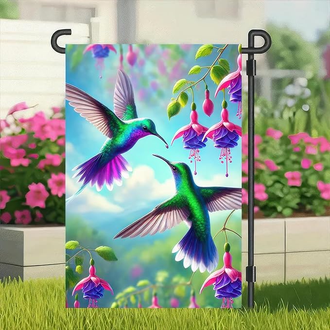 BlissYard Spring Garden Flag Double Sided 12 x 18 Inch Hummingbird Garden Flag Welcome Flags Floral Flowers Yard Flag Vintage Spring Yard Lwan Flag House Seasonal Farmhouse Outside Outdoor Decoration