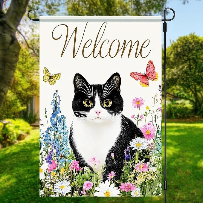 BlissYard Spring Welcome Black White Cat Garden Flag 12×18 Inch Double Sided Small Black Cat Flower Floral Garden Yard Flags for Spring Summer Outside Outdoor House Seasonal Decoration Flag