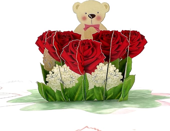 3D Pop Up Greeting Card Flowers Theme (Roses Teddy Bear)