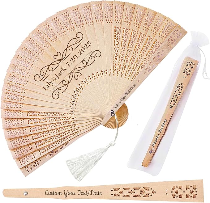 Personalized Wedding Fans for Guests Custom Wooden Folding Handheld Fans Bulk with Organza Bags Tassels for Wedding Graduation Party (50)