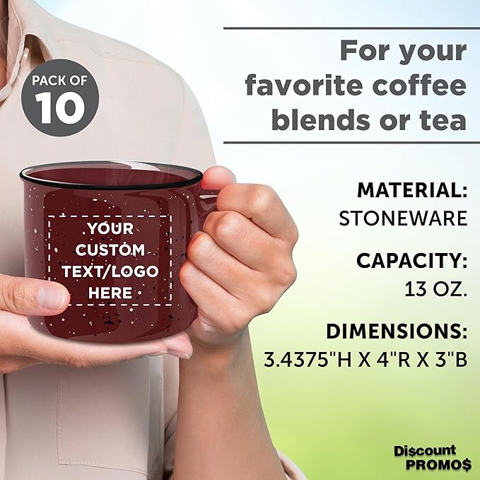 DISCOUNT PROMOS Custom Ceramic Campfire Coffee Mugs 13 oz. Set of 10, Personalized Bulk Pack - Perfect for Tea, Espresso, Cappuccino, Hot Cocoa - Maroon