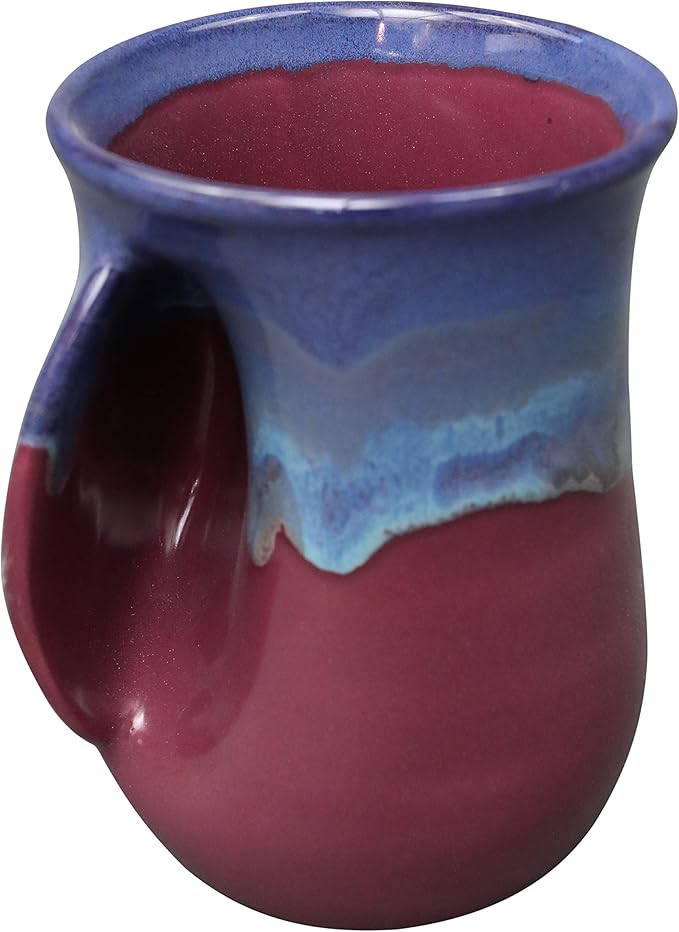 Clay in Motion Hand Warmer Coffee Mug – Handmade Coffee Mug With Comfortable Handle Contoured Pocket Hand Warming Ceramic Coffee Mug – Proudly Made in USA – Left Handed – 14 Oz - Purple Passion