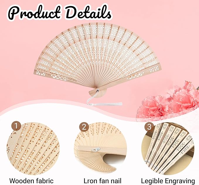 MBDFUT 110Pcs Custom Sandalwood Wedding Fans with Organza Bags, Foldable Hand Fans for Women, Personalized with Text/Date, Wedding Party Favors for Guests