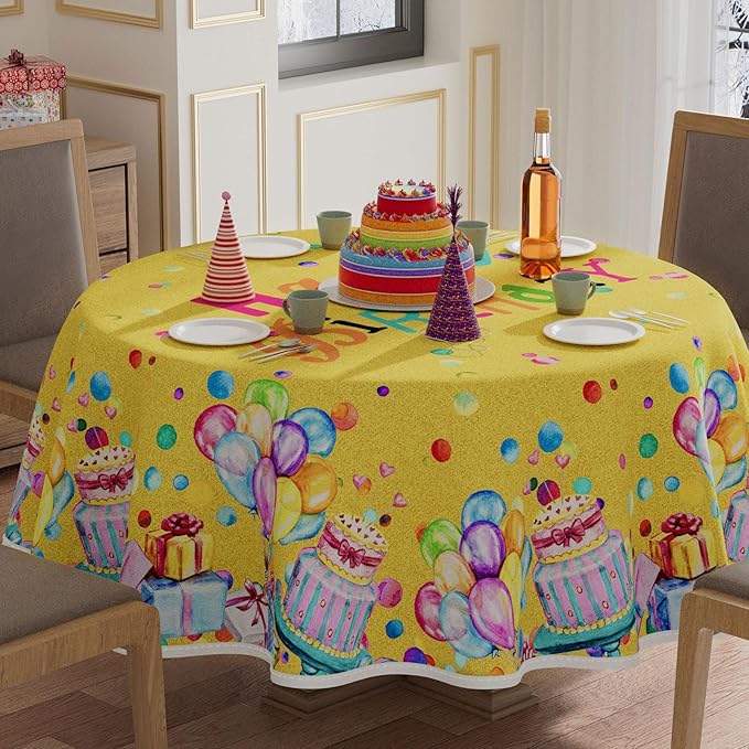 XCHI Happy Birthday Cake Gifts Colorful Balloons Golden Tablecloth Round Washable Table Covers for Indoor Outdoor Dining Table Home Party Decorations 60x60 Inch