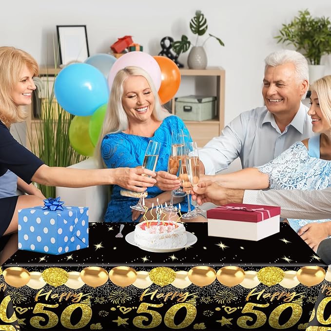 2pcs 50th Birthday Tablecloth, Black Gold 50th Birthday Decorations for Men Women Vintage 1976 Table Cloth Plastic Rectangular 50th Table Cover Happy 50 th Anniversary Party Supplies