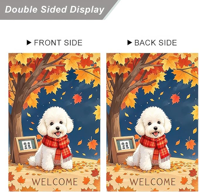 BlissYard Thanksgiving Fall Garden Flag 12x18 Inch Welcome Poodle Dog Flag Double Sided Outdoor Autumn Yard Banner with Leaves and Tree for Porch Lawn Patio Seasonal Decor