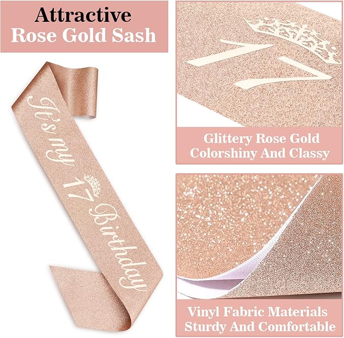 17th Birthday Decorations for Girls Including Birthday Girl Sash, Crown, Numeral Candles and Cake Topper, 17 Year Old Decorations Gifts, Rose Gold Party Decor Supplies