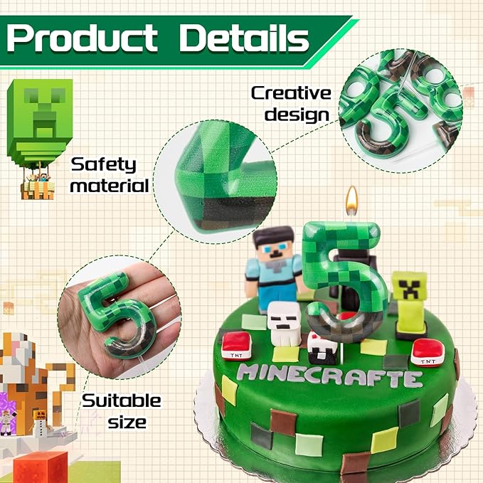 TNT Themed Birthday Cake Candle Number 5 Dynamite Themed Green Candle Cake Topper for Pixel Theme Birthday Party Decoration