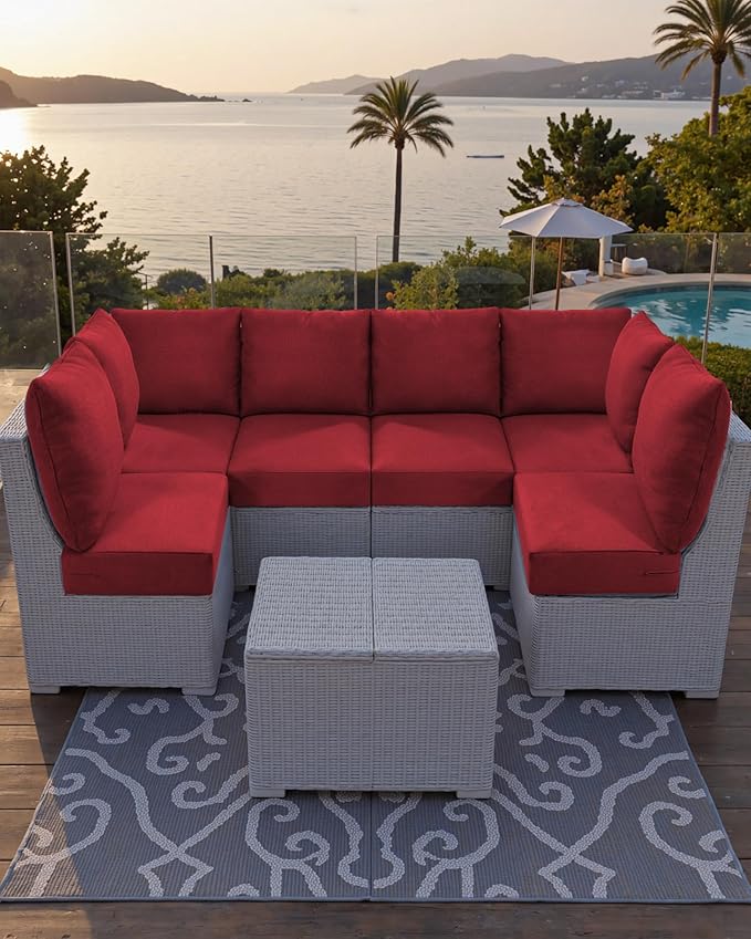 Luxury 24x24x6 Outdoor Chair Cushions Set of 4 - Water-Repellent 10-Piece Cushion Set for Outside Rattan Wicker Loveseat Chair Sectional L-Shape Sofa Patio Conversation Sets - Red/Classic