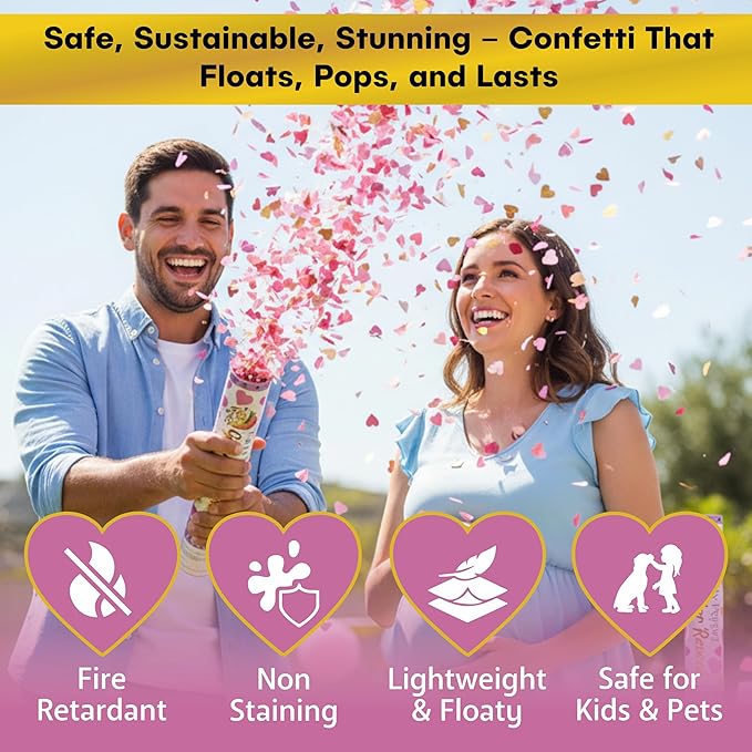 2 Pack Pink Heart-Shaped Confetti Poppers for Baby Gender Reveal | Pink Paper and gold mylar Baby Girl Party Supplies