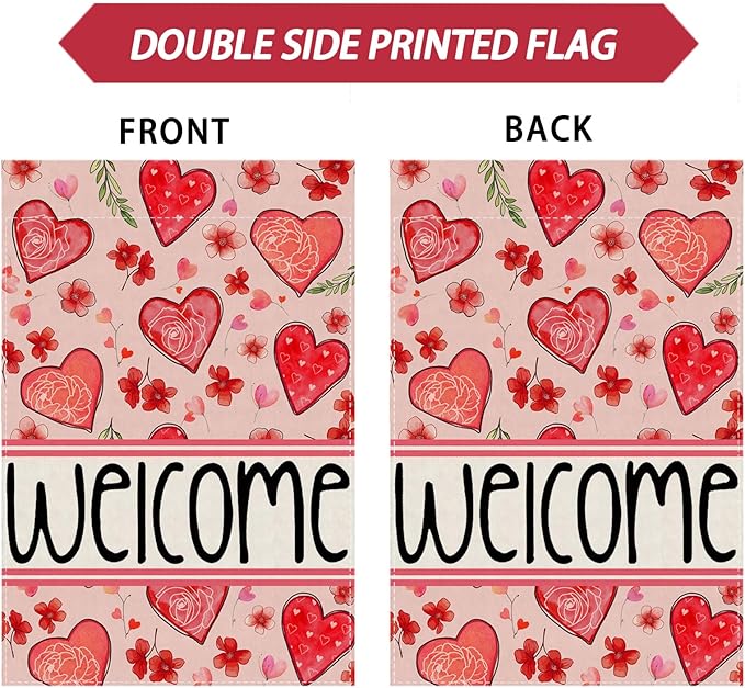 ZAEW Welcome Valentine’s Day Garden Flag Love Heart Floral Yard Flag 12x18 Inch Double Sided Small Mini Yard Outdoor Outside Holiday Decoration