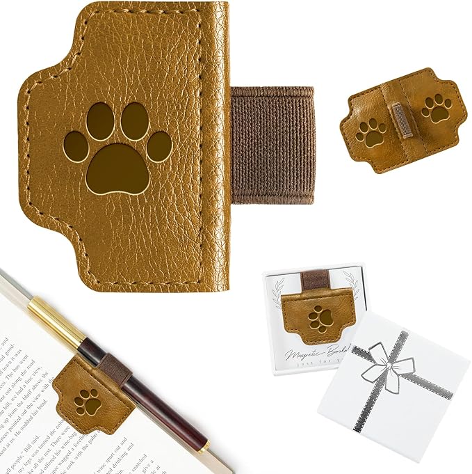 BygoneMark Magnetic Leather Bookmark with Pen Holder, Personalized Custom Initial Page Marker & Pen Clip, Professional Book Accessory for Students (Light Brown-Cat)