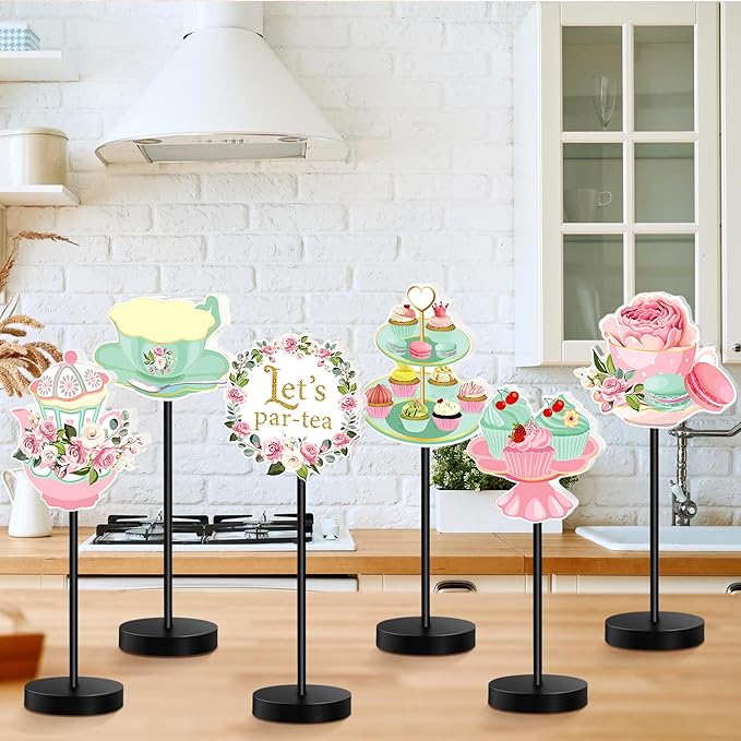 6 Pcs Tea Party Table Decor Tea Party Decoration for Table Centerpieces Let's Par-Tea Wooden Standing Signs Tabletop Decor for Home Office Room Desk Party Supplies