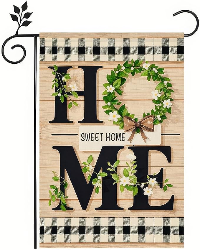 BlissYard Spring Garden Flags 12x18 Double Sided Springs Decor Spring Yard Flag Sweet Home with Greenery Checkered Border Springs Decorations For Home Outdoor Yard Decoration