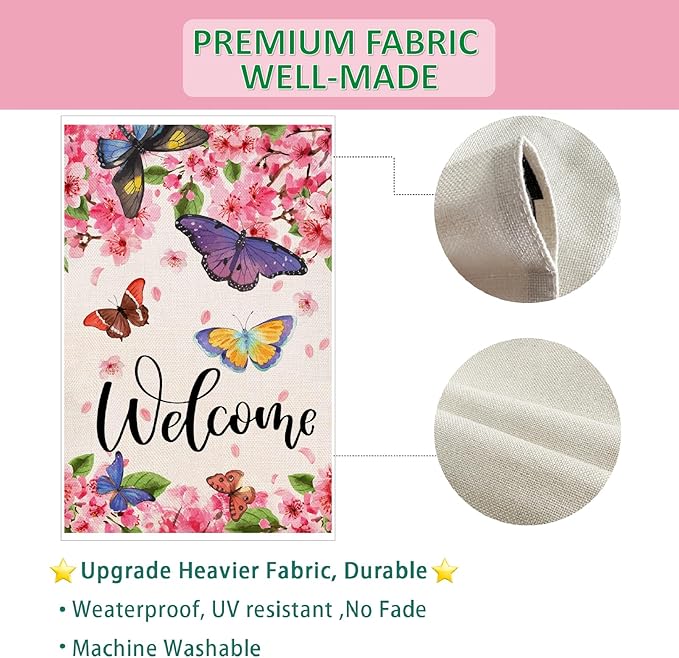 Baccessor Spring Summer House Flag Butterfly Flowers Cherry Blossom Yard Welcome Flag 28 X 40 Inch Double Sided Burlap Large Spring Summer Flag for Outside