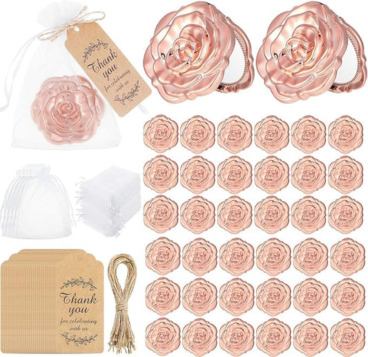 Woanger 36 Set Rose Compact Mirrors Bulk Quinceanera Sweet 16 Party Favors for Guests, Mirrors Thank You Tags White Organza Bag for Bridal Shower Wedding Bachelorette Souvenir Guests Gift(Rose Gold)