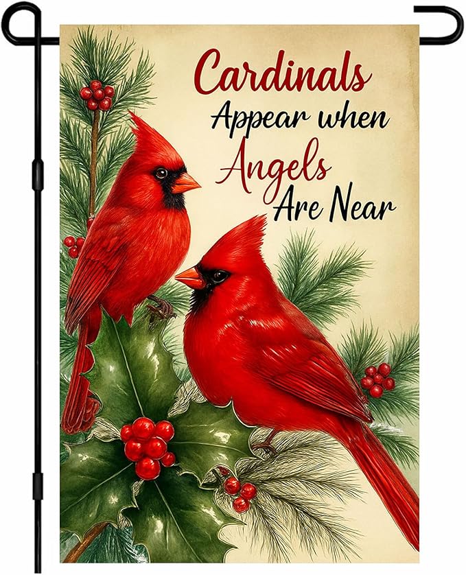 IVN Christmas Garden Flag 12x18 Inch Double Sided Red Bird Pine Holly Angels Are Near Outdoor Yard Flag for Outside Front Door Lawn Porch Patio Welcome Decor