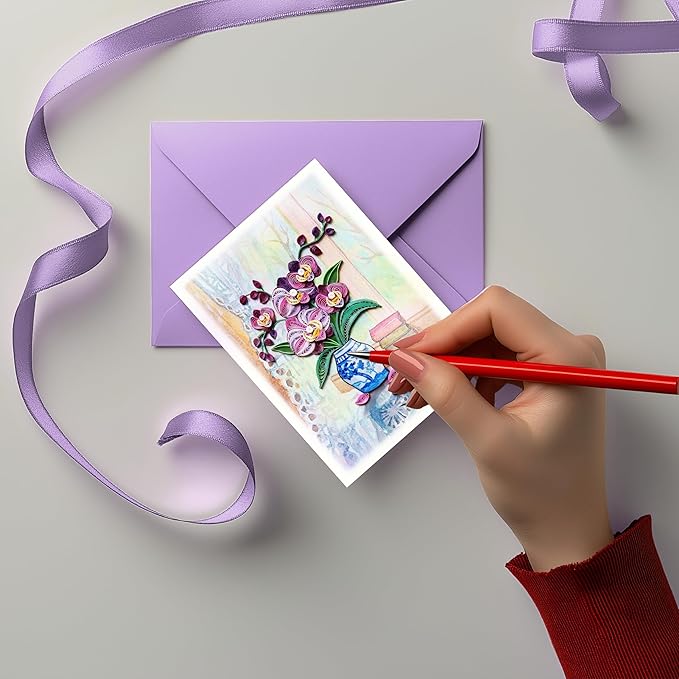 Mother Day Card, Purple Orchid Quilling Card for Birthday, Anniversary, Watercolor Classy Cards for Mom, Women, Wife, Daughter (Orchid in Blue Vase)