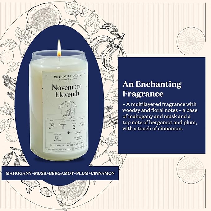 Birthdate Candles, November 11 - Scorpio Zodiac Scented Candles Birthday Gift - Bergamot, Cinnamon & Mahogany Scent - All-Natural Soy & Coconut Wax, 60-80 Hour Burn Time - Made in USA