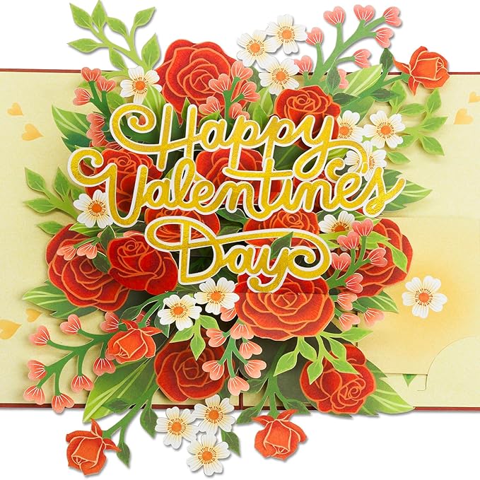 Floral Valentines Day Pop Up Card, For Love, All Occasion, Just Because, Gift for Her, Girlfriend, Women, Wife, Grandma, Crush, 5x7 - Includes Envelope And Message Note