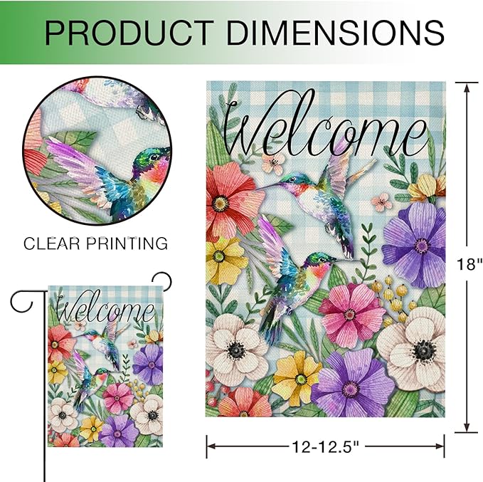 Hzppyz Welcome Spring Garden Flag Hummingbird, Decorative House Yard Lawn Outdoor Small Burlap Bird Flag Flower Decor, Blue Plaid Summer Farmhouse Seasonal Outside Decorations Double Sided 12 x 18