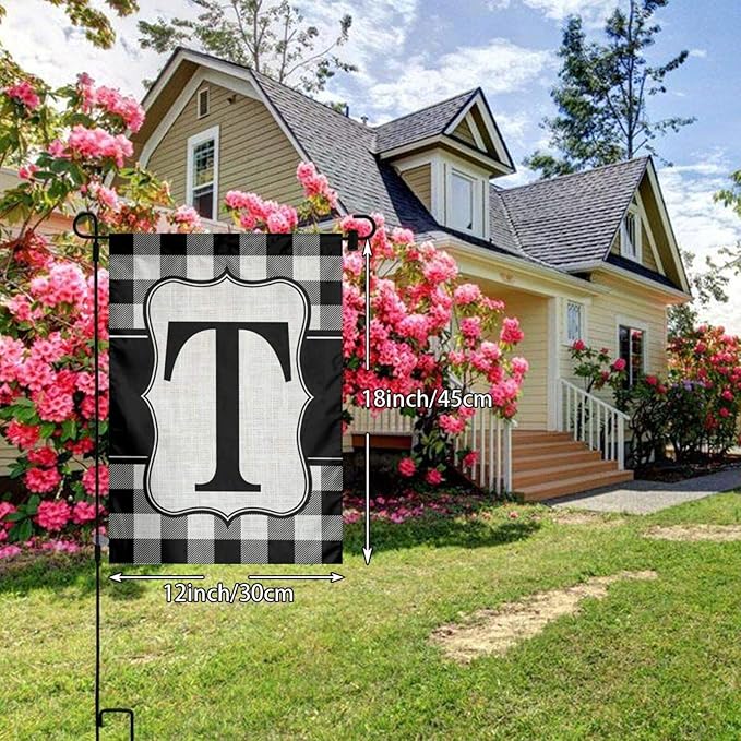 YANGHOME Monogram Initial T Burlap Garden Porch Lawn Flag Farmhouse Decorations Mailbox Decor Welcome Sign 12x18 Inch Small Mini Size Double Sided Flax Nylon Linen Fabric