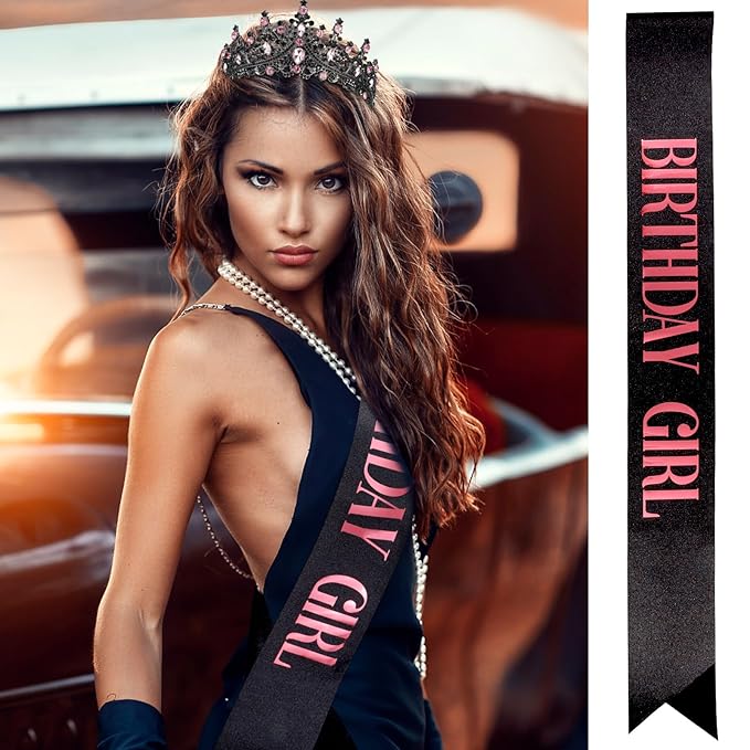 Velscrun Pink-Black Crystal Birthday Tiara Crowns for Women Girls Elegant Princess Crown with Combs Birthday Girl Headband Sash Happy Birth Party Decorations Birth Gift Hair Accessories