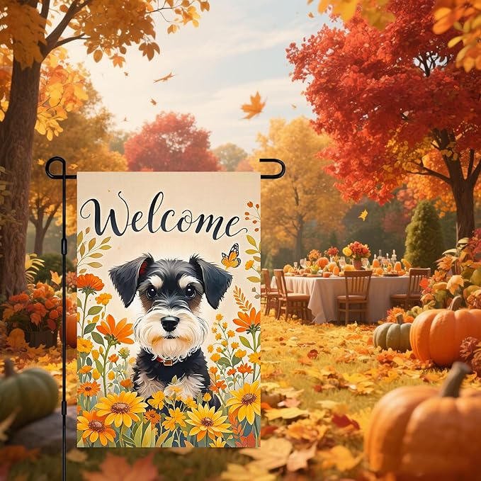 BlissYard Fall Garden Flag 12x18 Inch Welcome Schnauzer Dog Outdoor Flag Double Sided Autumn Yard Banner with Sunflowers and Butterflies for Porch Lawn Patio