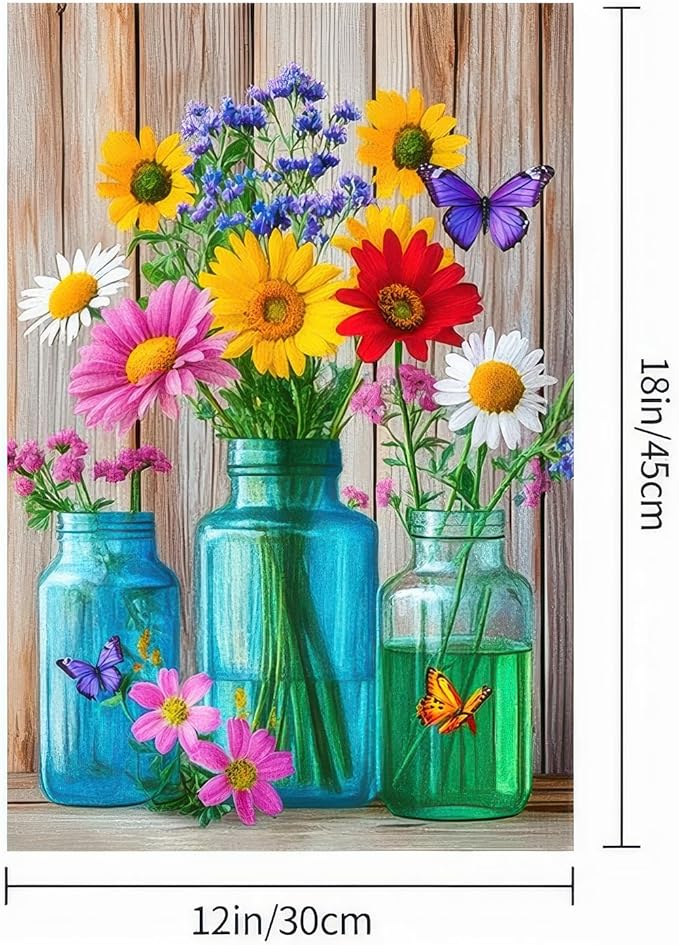 BlissYard Welcome Spring Garden Flag Double Sided 12x18 Inch Spring Summer Garden Flags Wildflowers In Mason jars Spring Garden Flag Seasonal Rustic Yard Lawn Holiday Outdoor Decor Banner（Only Flag）