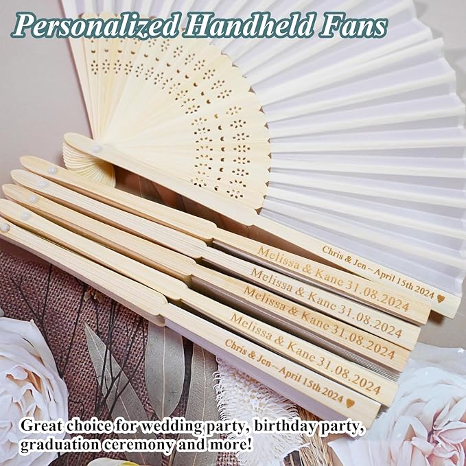 Personalized 70 Pack White Hand Fans, Custom Summer Wedding Fans for Guests, Silk Fabric Bamboo Folded Hand Fan Bridal Dancing Props Church Wedding Gift Party Baby Shower Favors