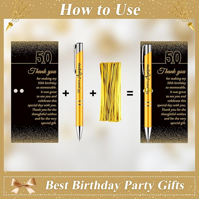 25 Sets 50th Birthday Party Favors for Guests with Golden Birthday Ballpoint Pens and Thank You Cards for Men Women Anniversary Wedding New Year Gifts