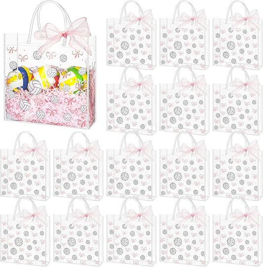 Sweetude 24 Pcs Volleyball Clear Treat Bags with Handles Bulk Volleyball Goodie Bags Sport Theme Party Gift Favor with Pink Bow Ribbon for Girl Youth Team Snack Birthday Gifts 7.9 x 7.9 Inch