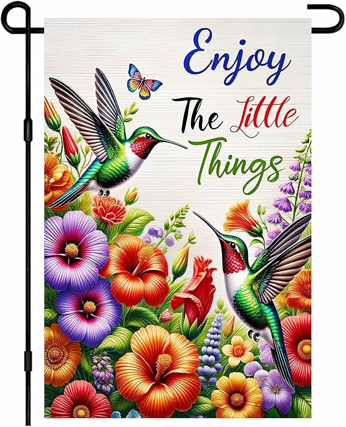 IVN Christmas Garden Flag 12x18 Inch Double Sided Hummingbirds Butterfly Colorful Flowers Enjoy the Little Things Outdoor Yard Flag for Outside Front Door Lawn Porch Patio Welcome Decor
