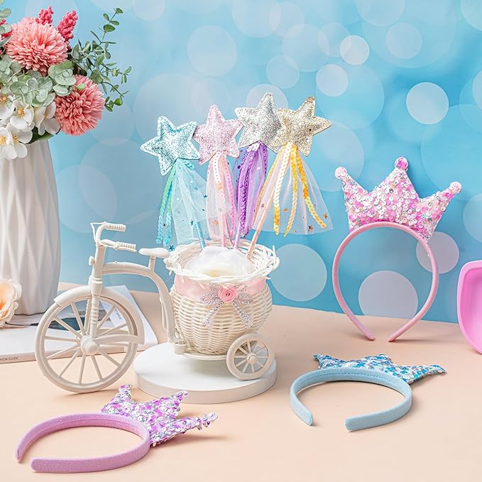 24 Pcs Princess Party Favors Including 12 Glitter Star Fairy Wands and 12 Sequin Princess Crown Headbands for Girls Birthday Party Gifts
