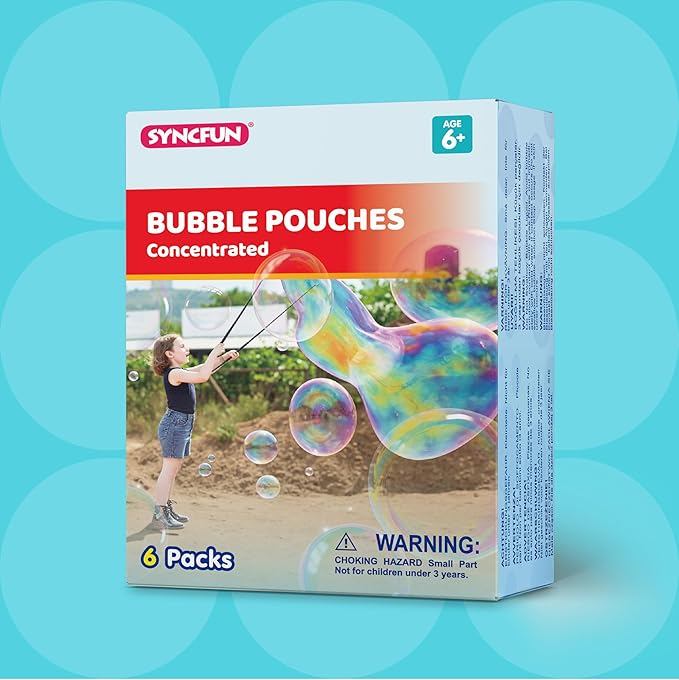 SYNCFUN 6 Packs Giant Bubble Solution (Up to 4.5 Gallons), 6 Pouches Concentrated Solution Refill for Bubble Machine, Wands, Blower, Easter, Outdoors Activity