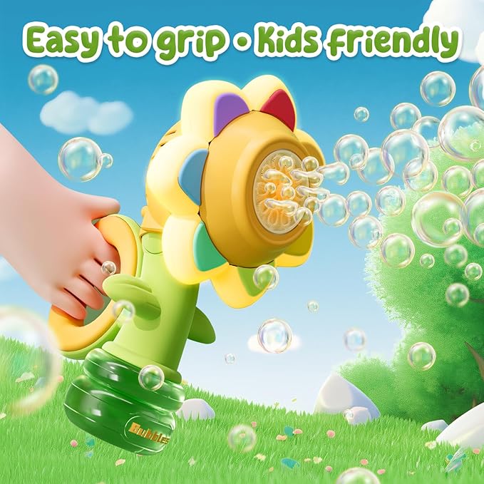 Rechargeable Flower Bubble Guns for Kids W/LED Lights & 10 Refill Solutions, Fun Swing Dance Bubble Maker Machine Blower Blaster Toys,Outdoor Summer Play, Easter, Birthday Party Favors & Gifts Yellow