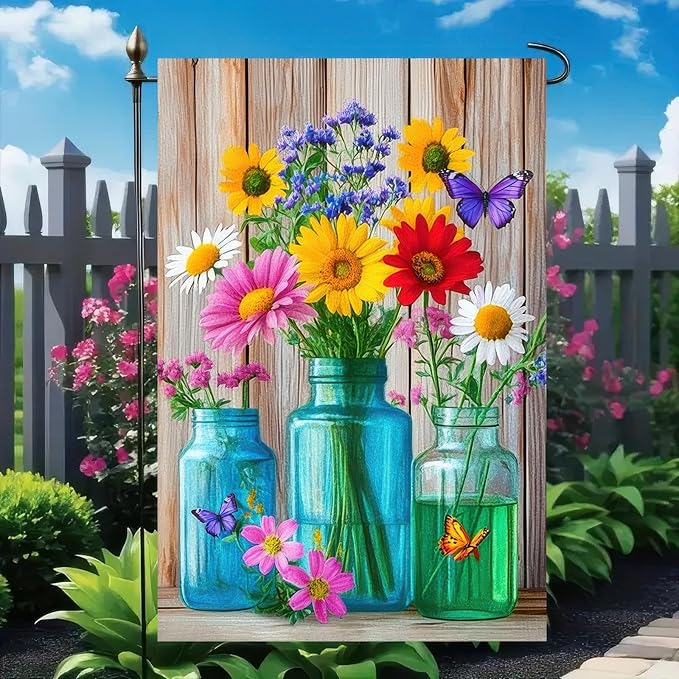 BlissYard Welcome Spring Garden Flag Double Sided 12x18 Inch Spring Summer Garden Flags Wildflowers In Mason jars Spring Garden Flag Seasonal Rustic Yard Lawn Holiday Outdoor Decor Banner（Only Flag）
