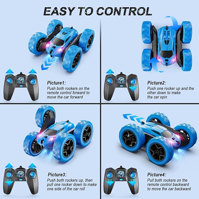 Remote Control Car, RC Cars Toys for Kids Ages 6-12, 4WD Stunt Car with LED Lights & 360° Flips, 2.4GHz, Upgraded USB-C Modular Batteries, 8-10 Year Old Boys Birthday Gift 1-Blue