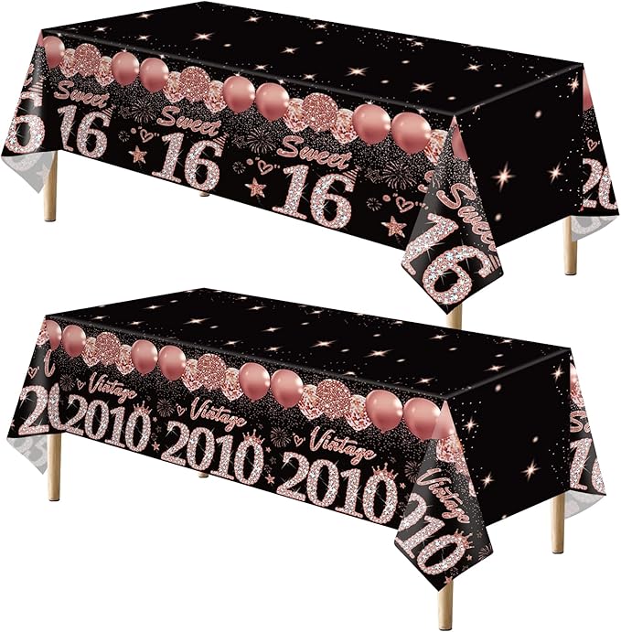 2pcs 16th Birthday Tablecloth, Black Rose Gold 16th Birthday Decorations for Girls Vintage 2010 Table Cloth Plastic Rectangular Table Cover Sweet 16 Anniversary Party Supplies