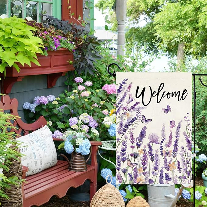 Baccessor Spring Summer Lavender Welcome Garden Flag 12.5 x 18 Inch Double Sided Purple Floral Flower Butterfly Farmhouse Small Burlap Yard Flag Holiday Seasonal Outdoor Outside Decoration