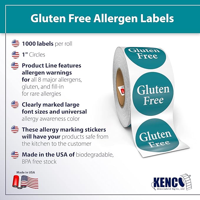 Kenco Allergen Warning Stickers - 1" Circle Label, 1,000 Allergy Warning Labels Per Roll in Universal Allergy Awareness Colorway (6 Pack, Gluten Free)