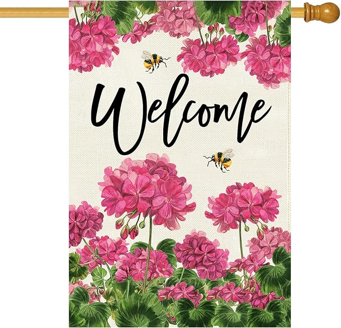 Baccessor Spring Summer Geranium Welcome House Flag Double Sided Burlap,Pink Floral Bee Large Garden Flag Seasonal Farmhouse Front Entry Yard Porch Patio Outside Outdoor Decor 28x40 Inch