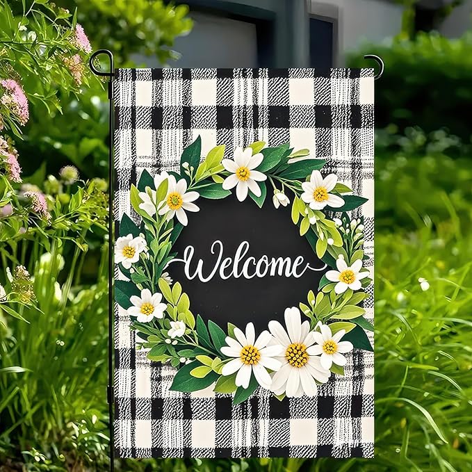 BlissYard Welcome Garden Flag 12x18 Double Sided Black and white Grid Seasonal Small Flags For Outside Outdoor Decor Yard Farmhouse Holiday Spring Summer Decorations Yard Flags